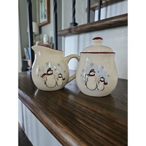 Royal Seasons Snowmen CREAM & COVERED SUGAR Stoneware Christmas Holiday Winter